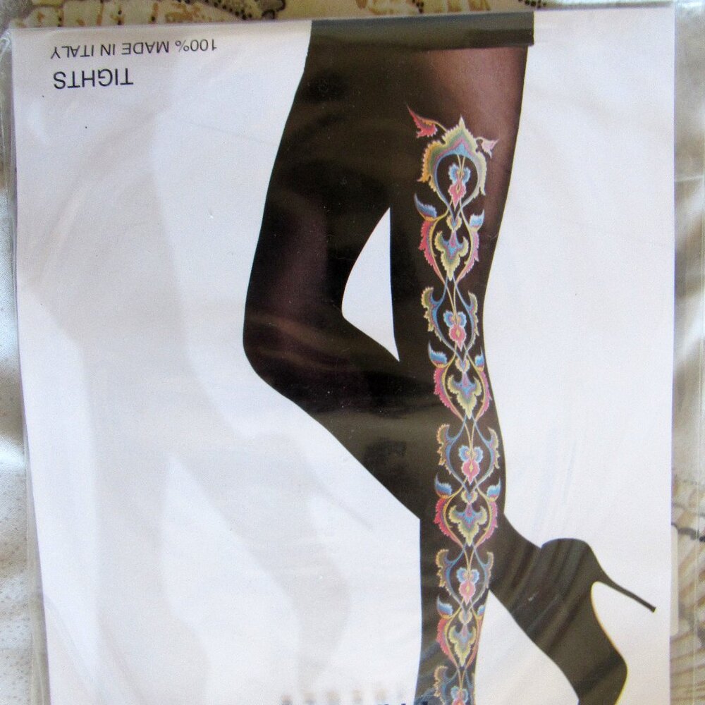 New Emilio Cavallini Tights S/M made Italy Flower , Black, 55 den